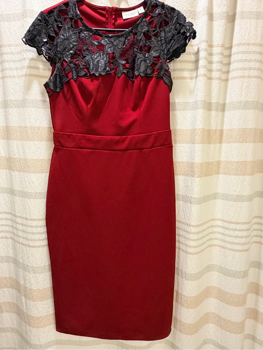 Women's Red Sheath Dress with Black Lace Yoke